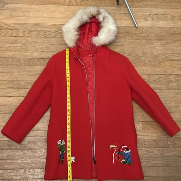 Rare Retro Red Wool Embroidered Parka with Fur Hood - Picture 3 of 5